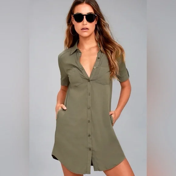 Lulu's Olive Oxford Comma Shirt Dress - Picture 1 of 10